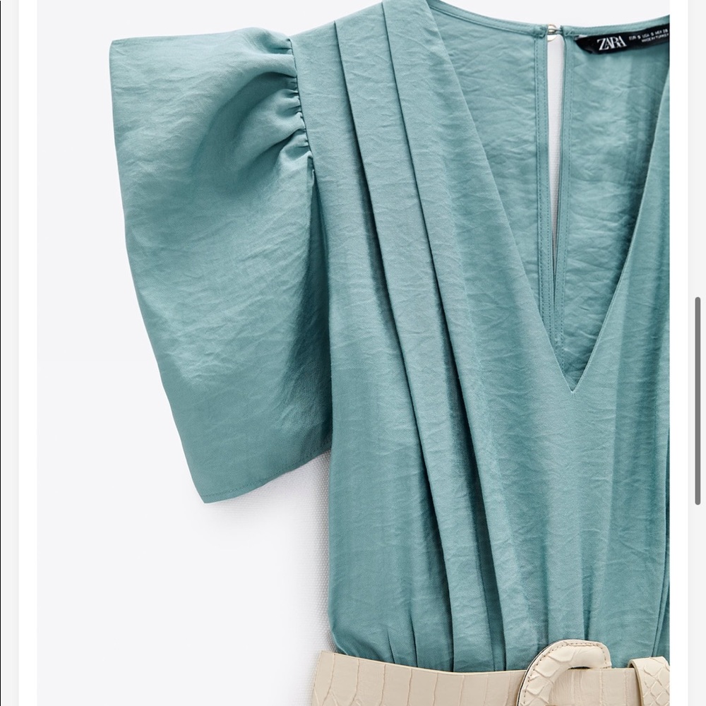 Zara NWOT Puff Sleeve Blue Belted Jumpsuit - Picture 4 of 16